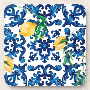 Posavasos estilo italiano, mediterráneo, mosaico, azul, limó