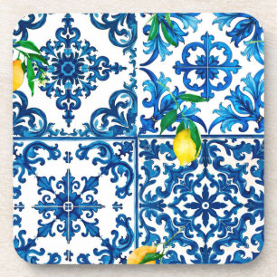 Posavasos estilo italiano, mediterráneo, mosaico, azul, limó