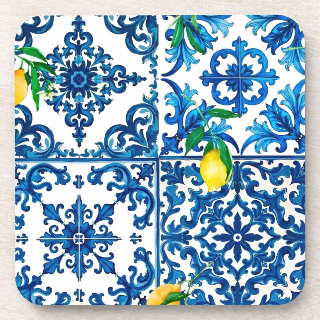 Posavasos estilo italiano, mediterráneo, mosaico, azul, limó (Frente)