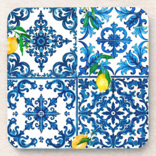 Posavasos estilo italiano, mediterráneo, mosaico, azul, limó
