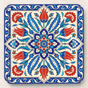 Posavasos Estilo Otomano Patrón de Tulipán Azul Rojo
