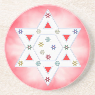 Posavasos Estrella de Hanukkah y copos de nieve sobre rojo
