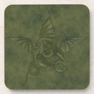 Posavasos Estrella del dragón - Imagen verde de cuero Grabad
