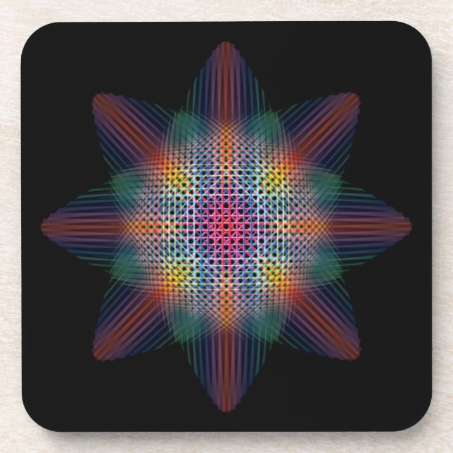 Posavasos Estrella trippy multicolor en superficie negra (Frente)
