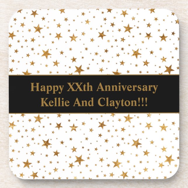 Posavasos Estrellas de oro/blanco personalizado con aniversa (Frente)