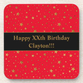 Posavasos Estrellas de oro con mensaje de cumpleaños rojo