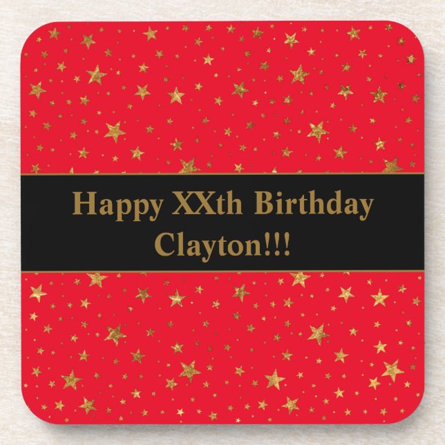 Posavasos Estrellas de oro con mensaje de cumpleaños rojo (Frente)