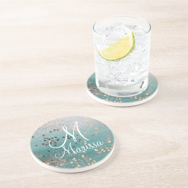Posavasos Estrellas de oro monograma en Verde azulado (Lado)