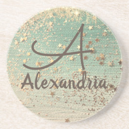 Posavasos Estrellas de oro monograma sobre verde marino