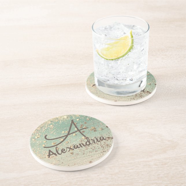 Posavasos Estrellas de oro monograma sobre verde marino (Lado)