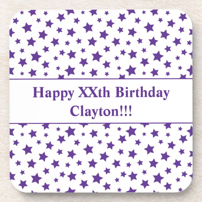 Posavasos Estrellas moradas personalizado con fiesta de cump (Frente)