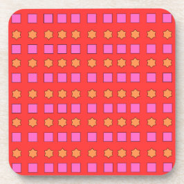 Posavasos Estrellas naranjas y cuadrados rosas sobre rojo