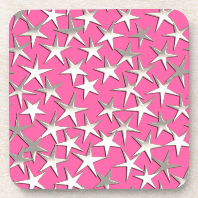 Posavasos Estrellas plateadas en rosa fucsia (Frente)