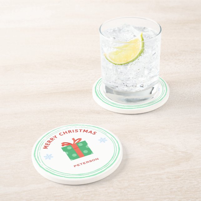 Posavasos Estuche de regalo de texto rojo de Feliz Navidad e (Lado)