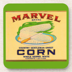 Posavasos Etiqueta de maíz enlatado de Marvel en los años 30