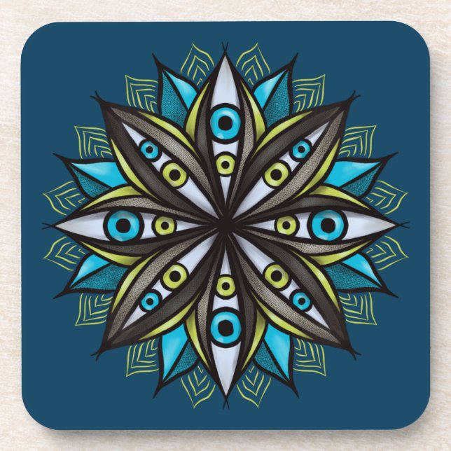 Posavasos Extraños Ojos Mandala Art - Trippy Flor Azul Verde (Frente)