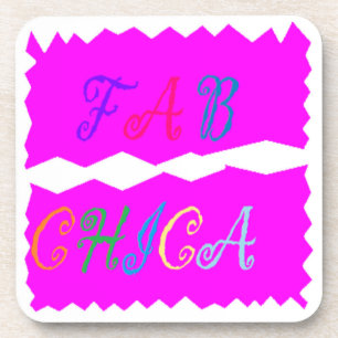 Posavasos FAB CHICA LOGO texto rosa y coloreado vibrante