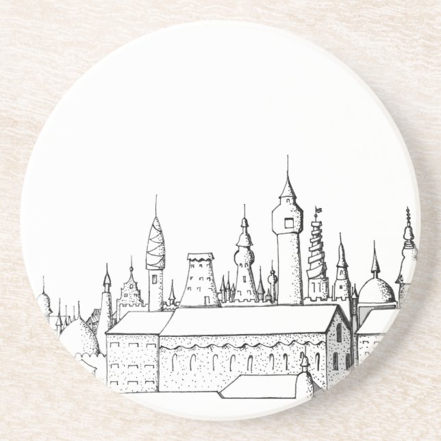 Posavasos fabulosa ciudad . arte . negro y blanco (Frente)