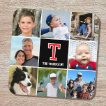 Posavasos Familia collage de fotos Monogramado Negro Rojo<br><div class="desc">¡Celebra a tu familia y a tus seres queridos con un collage de fotos especialmente seleccionado! Este elegante diseño de montaña de plástico dura muestra ocho de tus fotografías favoritas, un monograma con una sola letra y un texto personalizado. Perfecto para el nombre de una persona o un apellido familiar....</div>