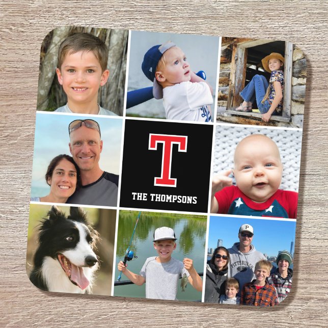 Posavasos Familia collage de fotos Monogramado Negro Rojo (Subido por el creador)