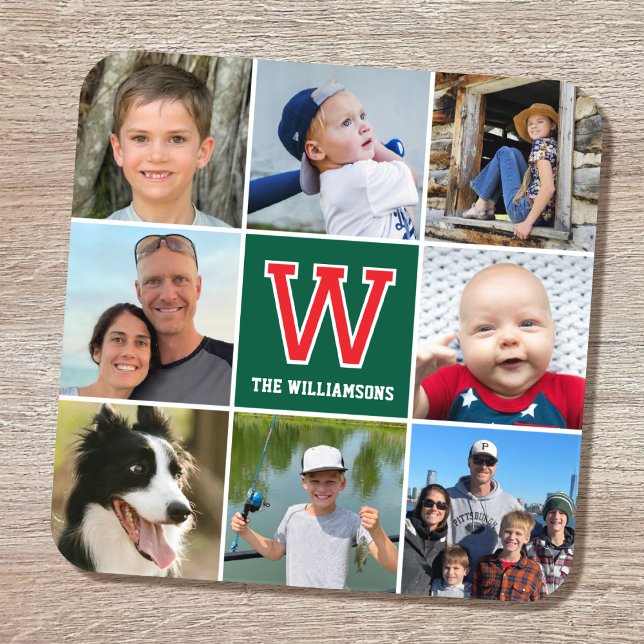Posavasos Familia collage de fotos Verde Rojo Monogramado (Subido por el creador)
