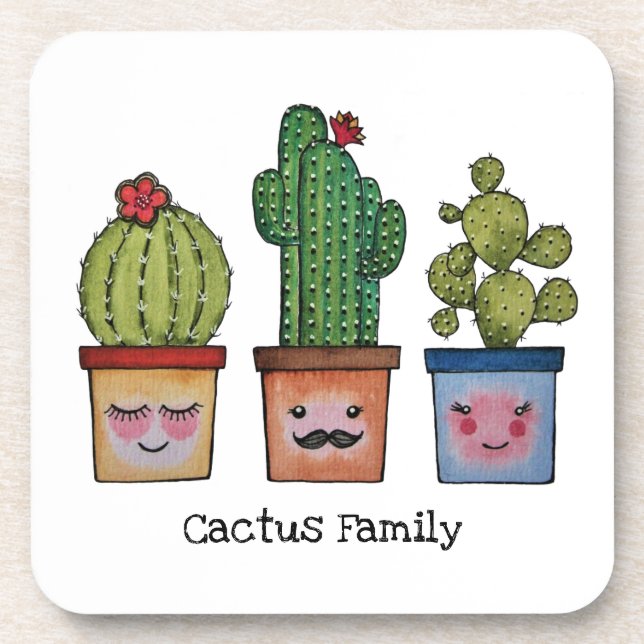 Posavasos Familia Cute Cactus En Acuarela (Frente)