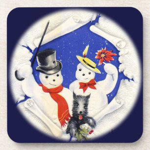 Posavasos Familia de Nieve de época y conjunto de tiras de c