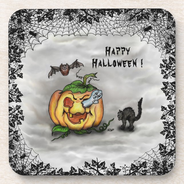 Posavasos Fantasma, Gato, Bat y Calabaza, ¡Feliz Halloween! (Frente)