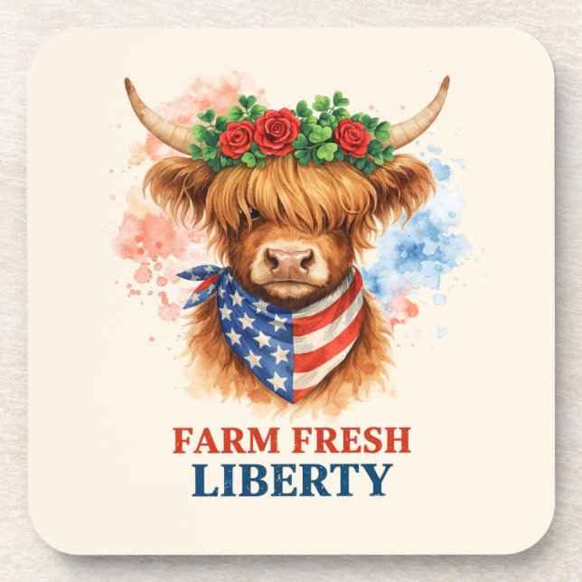 Posavasos Farm Fresh Liberty Highland Cow Patriotic USA Art (Frente)