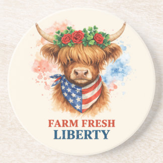 Posavasos Farm Fresh Liberty Highland Cow Patriotic USA Art
