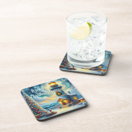 Posavasos Faro de árbol de navidad azul costero náutico