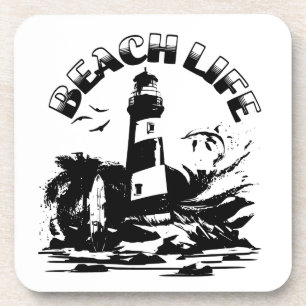 Posavasos Faro de playa vida en blanco y negro