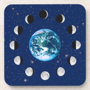Posavasos Fases de la Tierra y la Luna, sobre un fondo de es