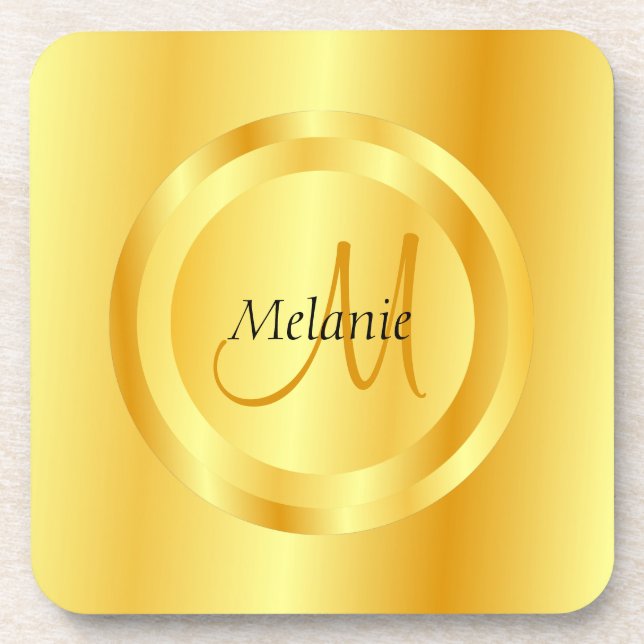 Posavasos Faux Gold Modern Monogramed Elegant Template (Frente)