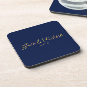 Posavasos Favor de boda atemporal azul marino y dorado