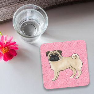 Posavasos Fawn Pug Dog Personalizado Mops Pink Love Heart Pa