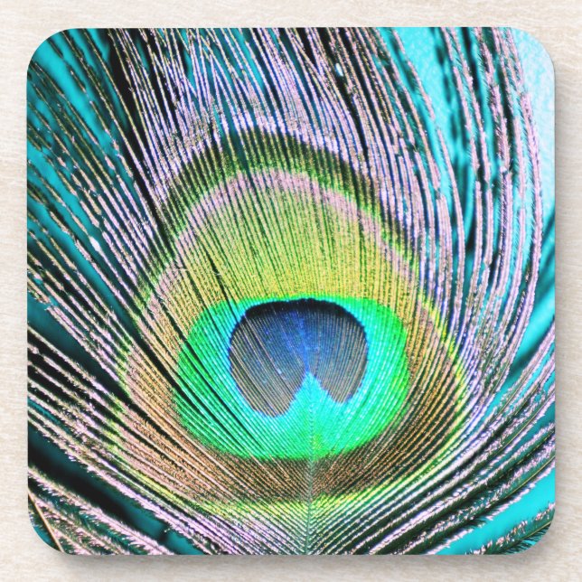 Posavasos Feather de pavo real sobre turquesa (Frente)