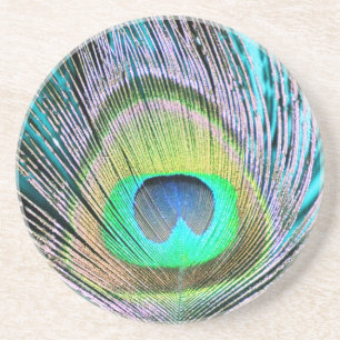 Posavasos Feather de pavo real sobre turquesa