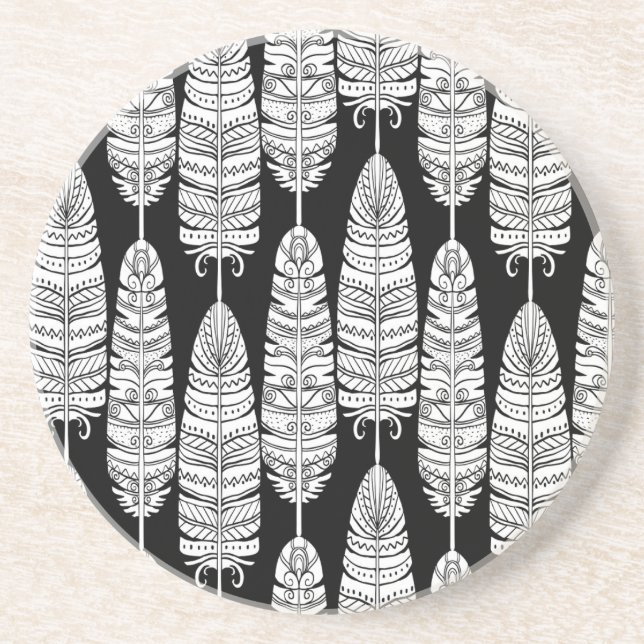 Posavasos Feathers boho: patrón blanco y negro (Frente)