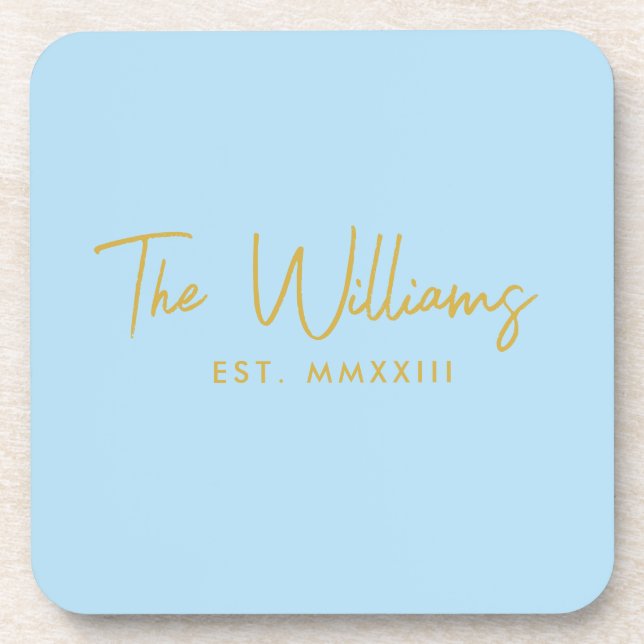 Posavasos Fecha establecida del guión moderno azul y dorado (Frente)