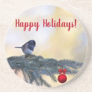 Posavasos "¡Felices fiestas!" Ave de nieve en un Evergreen e