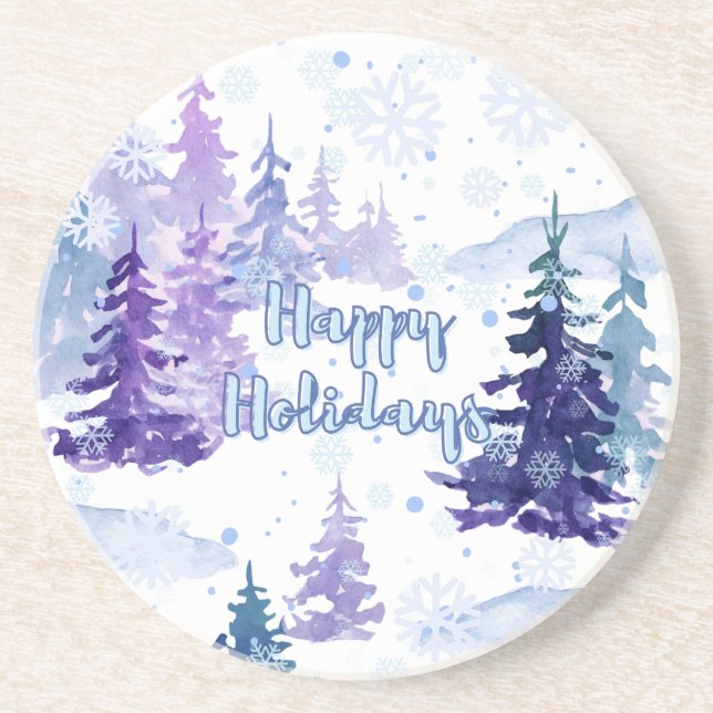 Posavasos Felices fiestas Morado Invierno Árboles Nevados (Frente)