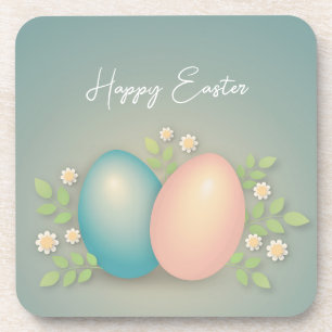 Posavasos Felices huevos de Pascua y flores de primavera azu