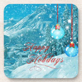 Posavasos Felices vacaciones, pueblo de invierno con nieve