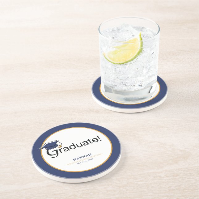 Posavasos Felicitaciones Graduado, Gorra, Tassel, Azul, Oro (Lado)