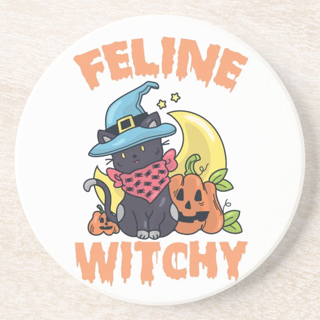 Posavasos Feline Witchy Funny Spooky Halloween Cat Kitten (Frente)