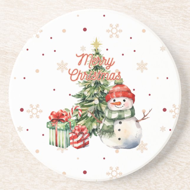 Posavasos Feliz árbol de Navidad Snowman y presente (Frente)