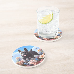Posavasos Feliz Bulldog y flores azules de Francia