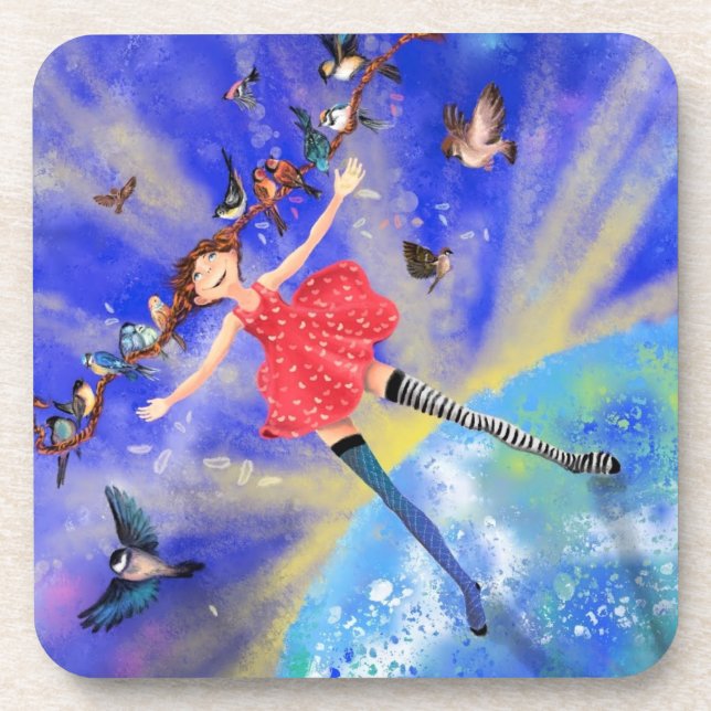 Posavasos Feliz Chica con pájaros - Felicidades - Alegría (Frente)
