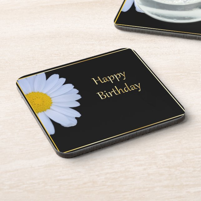 Posavasos Feliz cumpleaños con flores blancas y negro (Lado Izquierdo)